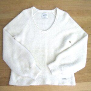 Abercrombie & Fitch White Fuzzy Sweater Scoop Neck Balloon Puff Sleeve Eyelash S